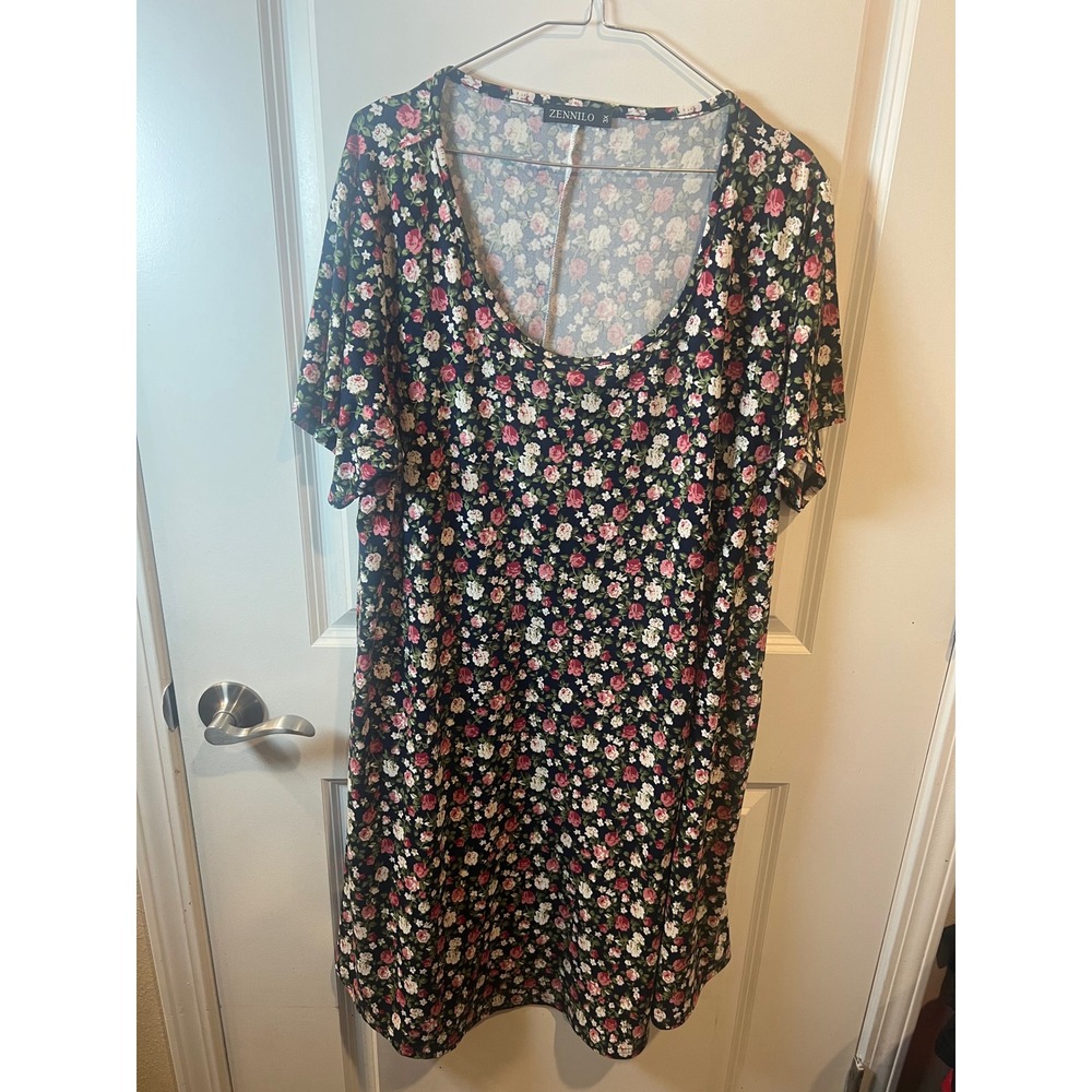Zennilo Womens T-Shirt Dress Floral Print Navy Blue 3X‎
